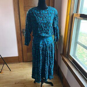 Vintage 80s Teal Paisley Midi Dress Boho Folkcore Dark Academia Sz M Cottagecore